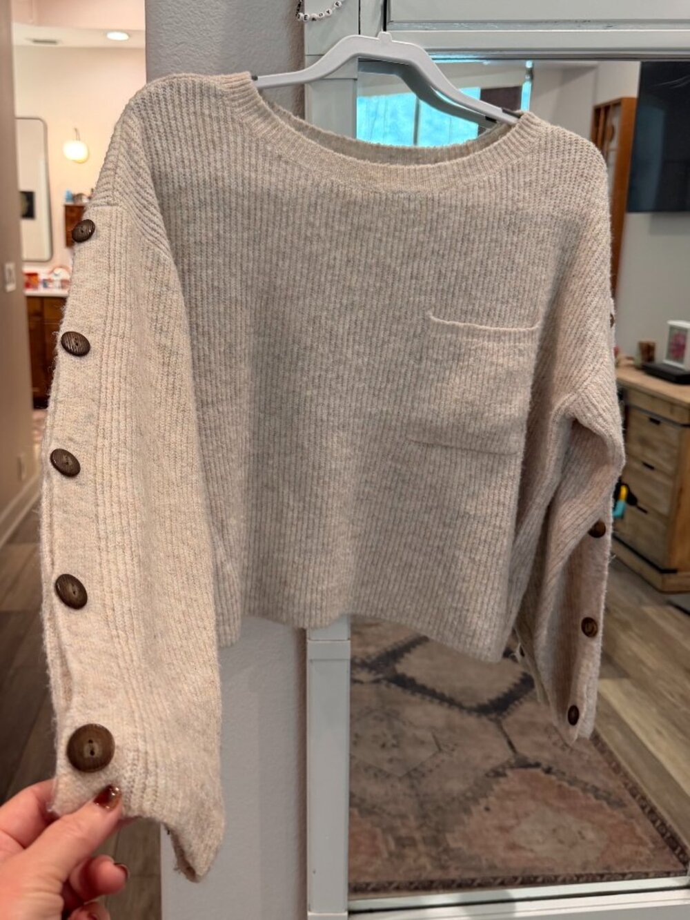 The General Good Creme Crop Sweater with Sleeve Buttons